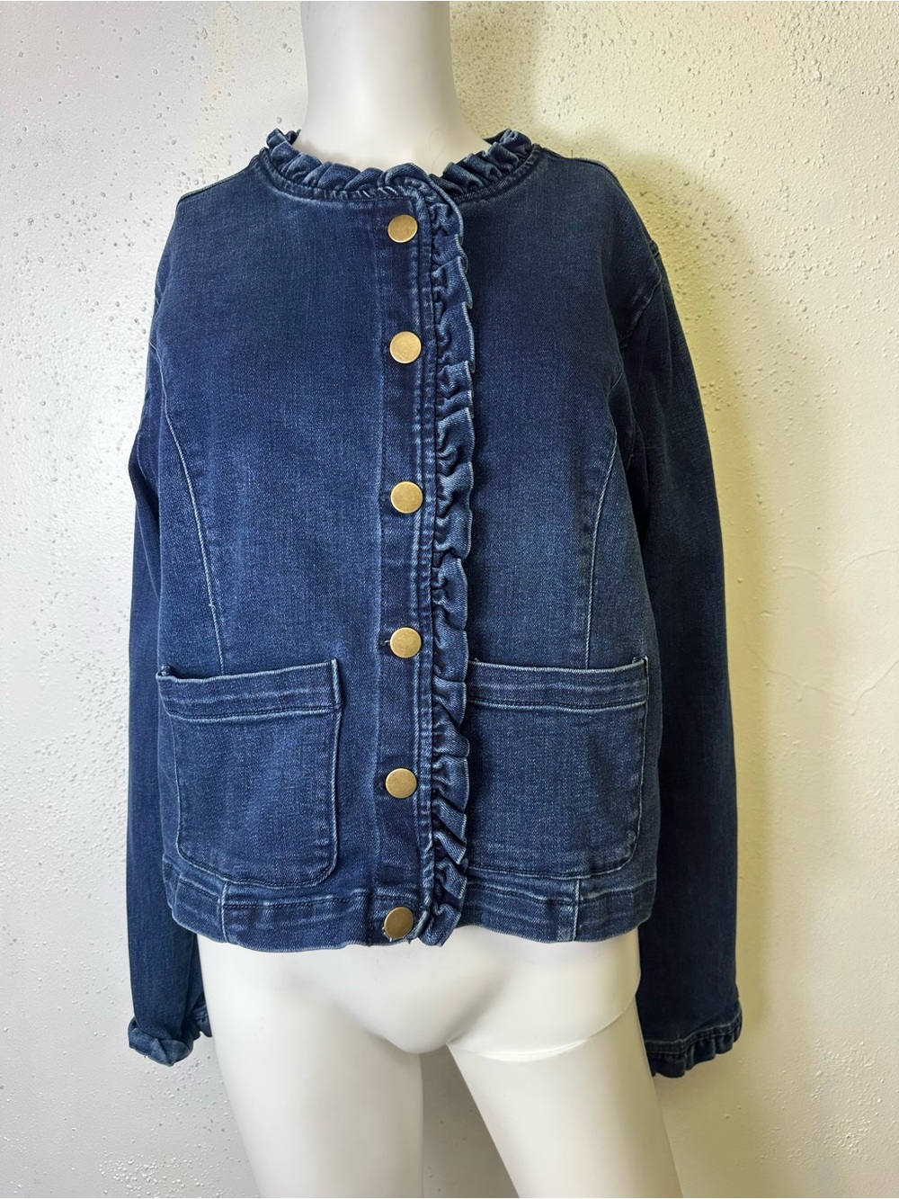 Draper James Navy Denim Ruffle-Front Jacket XL